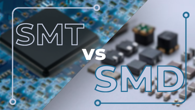 "تصویر مقایسه SMT و SMD در الکترونیک؛ فناوری نصب سطحی (SMT) در مقابل قطعات نصب سطحی (SMD) روی برد مدار چاپی"