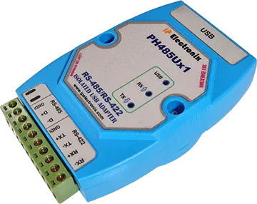 مبدل RS485 صنعتی PH485Ux1 آی‌پی‌الکترونیکس با رابط USB و ترمینال سبز RS485/RS422